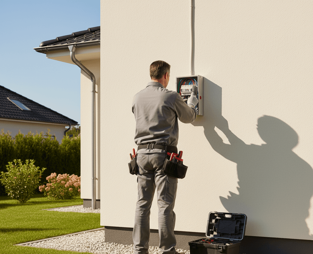Electricista profesional trabajando en tablero eléctrico, instalación moderna y segura